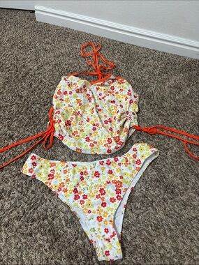 Floral Tie-Side Bikini Set in White with Orange and Yellow Flowers